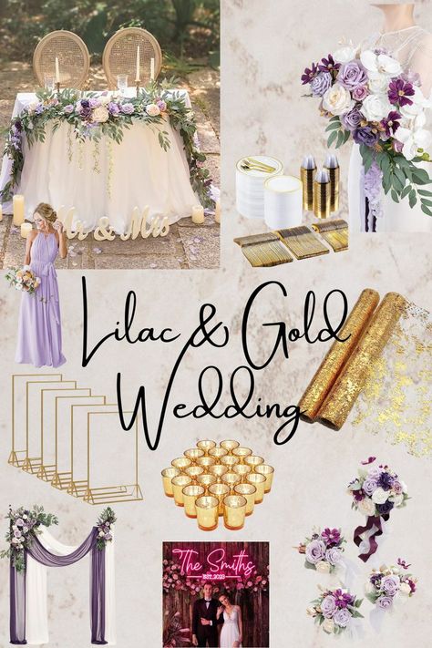 Lilac And Gold Wedding, Lilac Gold Wedding, Lilac Wedding Themes, Purple And Gold Wedding, Wedding Color Scheme, Gold Wedding Colors, Purple Wedding Theme, Gold Wedding Theme, Lilac Wedding