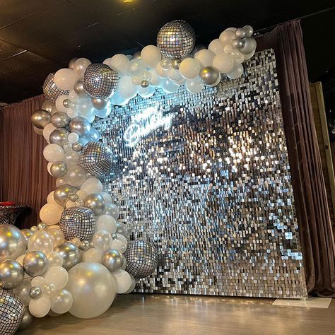 Bling Theme Party Ideas, Silver Shimmer Wall, Bling Birthday Party, Bad Burger, Shimmer Wall Panels, Backdrop Panels, Birthday Celebration Decorations, Shimmer Wall Backdrop, Disco Birthday