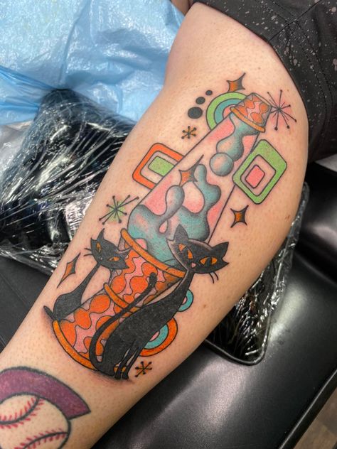 60s Inspired Tattoos, Retro Cat Tattoo, Mod Tattoo 60s, 60s Tattoo, Atomic Cat Tattoo, Pinup Cat Tattoo, Body Modifications, Chest Tattoo, Creative Tattoos