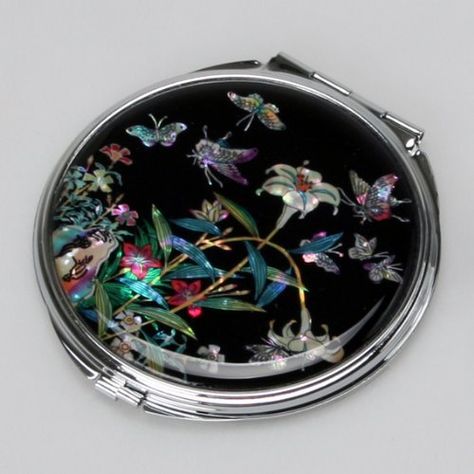 Mother of Pearl Lily Design Black Compact Cosmetic Double Makeup Pocket Round Mirror in Black, http://www.amazon.ca/dp/B00A654FIC/ref=cm_sw_r_pi_awd_xShzsb0Y0ZKYF Animated Paintings, Lily Flower Design, Lily Design, Compact Makeup, Antique Fans, Round Purse, Arabesque Pattern, Lipstick Case, Black Makeup