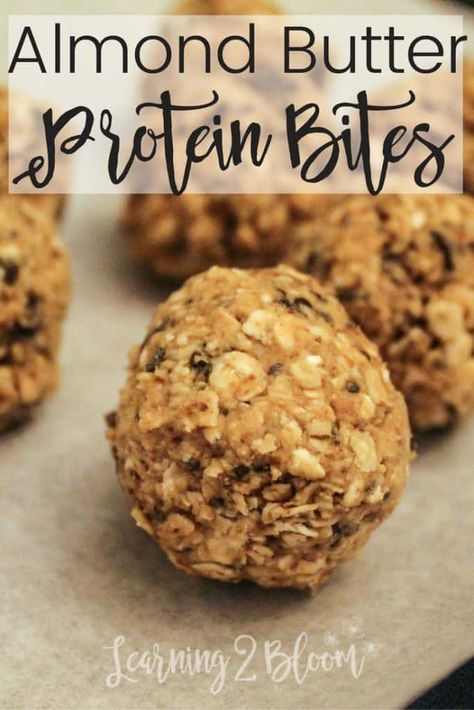 Try this amazing snack that your family will love. It's healthy and so good with oatmeal, almond butter, chocolate chips, coconut and packed with protein Almond Butter Recipes, Protein Balls Recipes, Healthy Protein Snacks, Quick Healthy Snacks, Protein Bites, Protein Balls, Protein Ball, Nut Butters, Healthy Protein