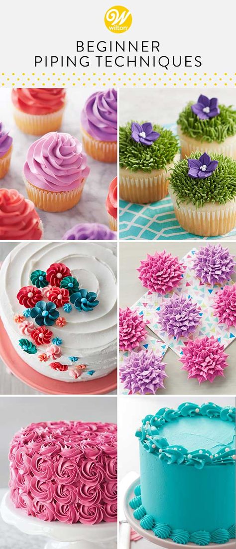 Whether you’re new to cake decorating or just want to brush up on your piping skills, these 9 beginner piping techniques are all you need to get started. From classic cupcake swirls to piping buttercream flowers and borders, these simple cake piping techniques are sure to have you enticed to ice! #wiltoncakes #cakedecorating #pipingtechniques Iced Flowers On Cake, Simple Cake Decorating Easy Buttercream Frosting Piping Techniques, Easy Icing Flowers For Cake, How To Ice Flowers On A Cake, Piping A Cake, Icing For Cupcakes Decorating, Cake Decorating Flowers Buttercream, Frosting Decorating Tips, Classic Cake Decorating