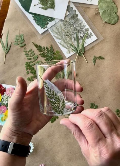 Attaching the pressed fern stem to the glass votive holder with glue. Diy Votive Candle Holders, Garden Club Program Ideas, Nature Crafts For Adults Diy, Picnic Crafts, Save Flowers, Dried Flowers Crafts, Glass Crafts Diy, Pressed Flowers Diy, Candle Holder Crafts