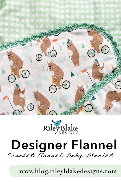 Make a crochet edge baby blanket with our super-soft Designer Flannel! Crochet Flannel Blanket Edging, Crochet Edge Flannel Blanket, Flannel Baby Blanket Crochet Edging, Flannel Baby Blankets With Crochet Edge, Crochet Baby Blanket Edging Free Pattern, Crochet Receiving Blanket, Crochet Edges For Blankets Baby, Blanket Stitch Embroidery Design, Crochet Baby Blanket Borders