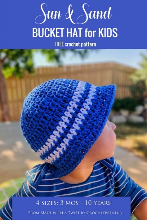 Create a crochet bucket hat for kids and babies, boys and girls, to make sure your children enjoy playing under the sun this summer! Unique but easy and fast to make even beginners can do it with this FREE pattern. Make yours now! #crochet #crochetpattern #freecrochetpattern #hat #crochethat #sunhat #forkids #forbabies #forboys #forgirls Cappello Cloche, Bucket Hat Pattern, Crochet Summer Hats, Kids Sun Hat, Hat For Kids, Kids Bucket Hat, Crochet Baby Hat, Crochet Baby Hat Patterns, Crochet Sun Hat