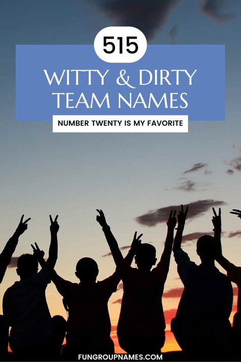 Explore 515 dirty team names across varied categories. Perfect for adding a humorous edge to games and events! Senior Assassin Team Names, Drinking Team Names, Funny Team Names Ideas, Kickball Team Names, Cornhole Team Names, Running Team Names, Team Names Funny, Best Team Names, Group Chat Names