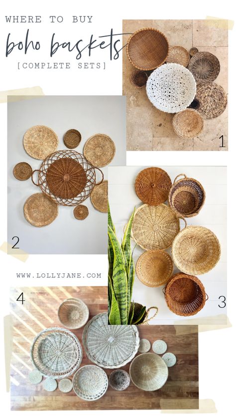 Rattan Gallery Wall, Basket Walls Boho Kitchen, Kitchen Basket Wall Decor, Seagrass Basket Wall Decor, Basketwall Boho Bedroom, Basket Wall With Sign, Wicker Placemats On Wall, Wicker Basket Walls, Wall Decor With Placemats