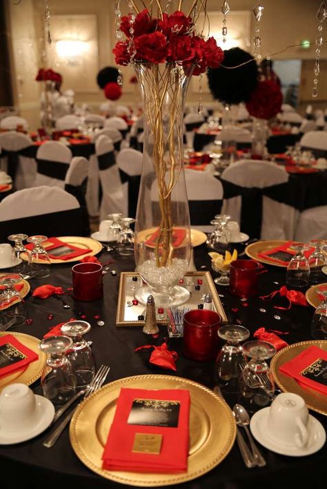 50th Birthday Party  | CatchMyParty.com Red And Gold 70th Birthday Theme, Red And Black Gala Decor, Black Red And Gold Party Table Decorations, Black Gold And Red Party Decorations Hollywood Theme, Red Black And Gold 40th Birthday Party, Red Carpet Gala Decorations, Red Carpet Theme Table Decorations, Red And Gold 60th Birthday Party Ideas, Red Black And Gold Table Decorations