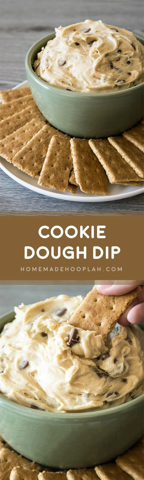 Cookie Dough Dip! Dazzle your guests by serving up dessert first with this ultra creamy cookie dough dip (eggless and no bake!) | HomemadeHooplah.com Chocolate Chip Cookie Dough Dip, Cookie Dough Dip Recipe, Cookie Dough Dip, Homemade Snickers, Fingerfood Party, Cookies Bars, Sweet Dips, Dessert Aux Fruits, Dessert Dips