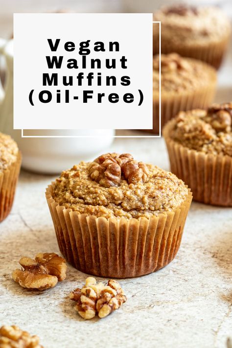 Vegan Walnut Muffins are sweet and nutty with a soft, velvety texture. Moist and tender oil-free and gluten-free muffins, great for breakfast, snacks, or dessert! #plantbasedideas #healthy #plantbasedrecipeshealthy #veganlifestyle #plantbasedeating #healthyplantbased #eating #plantbaseddinner #plantbaseddinnereasy #glutenfreeplantbasedrecipes #plantbased #glutenfree #vegan #recipes #easy #vegan #plantbased Wfpb Muffins, Wfpb Dessert, Apple Walnut Muffins, Vegan Gluten Free Muffins, Vegan Breakfast Muffins, Plant Based Pancakes, Salt Free Recipes, Walnut Muffins, Vegan Overnight Oats