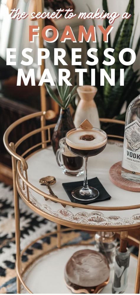 A classic espresso martini with a smooth foam topping, elegantly displayed on a bar cart for parties or cozy nights in. Make Your Own Martini Bar Party Ideas, Classic Espresso Martini, Batch Espresso Martini Recipe, Martini Bar Party Ideas, Espresso Martini Party, Martini Bar Party, Espresso Martini Aesthetic, Martini Classic, Martini Party