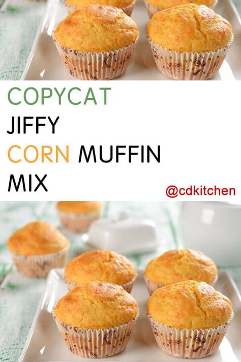 Jiffy Corn Muffin Mix Clone - An easy homemade substitute for Jiffy. Use it in any recipe calling for 1 box of corn muffin mix. Made with all-purpose flour, yellow corn meal, sugar, baking powder, salt, vegetable oil | CDKitchen.com Jiffy Corn Muffin Recipes, Corn Muffin Mix Recipes, Paper Muffin Liners, Homemade Corn Muffins, Corn Flour Recipes, Jiffy Mix Recipes, Muffin Mix Recipe, Cornmeal Muffins, Jiffy Corn Muffins