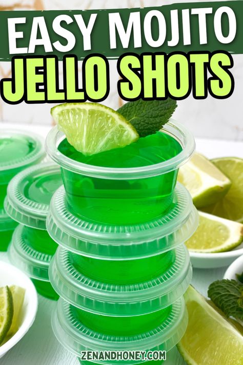 Love a refreshing mojito cocktail? Then you're going to love the taste of these yummy mojito jello shots! White rum, lemon-lime soda, and lime jello come together to create this sweet and refreshing jello shot! Wedding Jello Shots, Lime Jello Shots Vodka, Mojito Jello Shots In Lime Wedges, Summer Jello Shots, Mojito Jello Shots, Lime Jello Shots, Jell-o Shots With Rum, Rum Shots, Rum Jello Shots