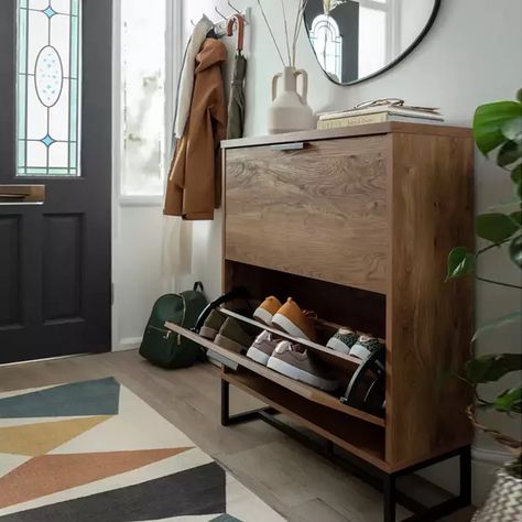 Habitat Nomad, Hallway Bench Seat, Oak Shoe Storage, Hallway Colour Schemes, Shoe Storage Unit, Hallway Colours, Hallway Cabinet, Coat Storage, Hallway Storage