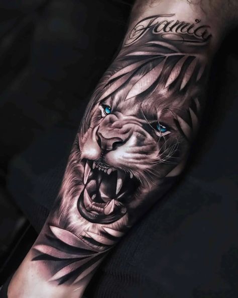 lion tattoo blue eyes - Google Search Lion Arm Tattoo, Inside Of Arm Tattoo, Lion Forearm Tattoos, Mens Lion Tattoo, Lion Head Tattoos, Mens Shoulder Tattoo, Lion Tattoo Design, Tattoo Inspiration Men, Forearm Tattoo Design