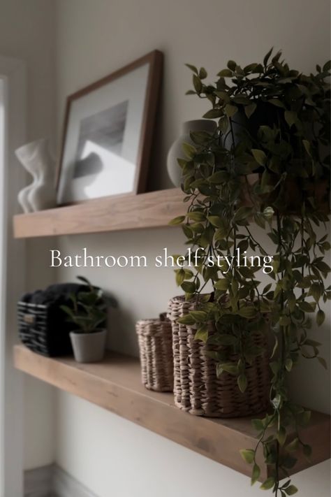 Shop 36" Floating Wood Shelf - … and other curated products on LTK, the easiest way to shop everything from your favorite creators. Bathroom Shelving Ideas Over Bathtub, White Oak Floating Shelves Bathroom, Restroom Shelf Decor, Guest Bathroom Shelves, Bathroom Floating Shelf Decor, Floating Shelf In Bathroom, Modern Organic Bathroom Decor, Small Bathroom Shelf Decor, Small Bathroom Shelving Ideas