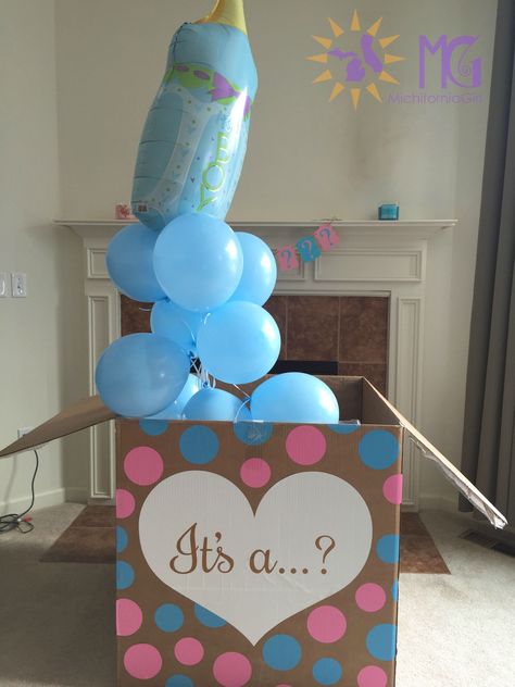 Box With Balloons, Gateau Baby Shower Garcon, Gender Reveal Party Food, Gender Reveal Box, Creative Gender Reveals, Deco Ballon, Gender Announcements, Idee Babyshower, Elegant Theme