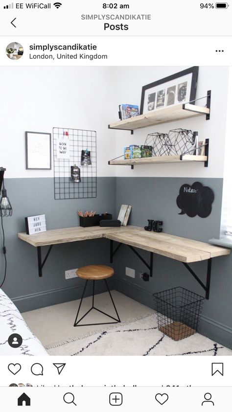 Home Office Corner Desk Ideas Minimalist, Simple Office Setup At Home, Small Corner Workspace, Room With Corner Desk, Custom Corner Desk, Bedroom Desks For Small Rooms, Diy Floating Corner Desk, Escritorios Esquineros, Small Desk Setup