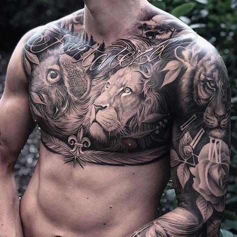 Lion Tattoo Chest, Lion Chest Tattoo, Female Lion Tattoo, Under Chest Tattoo, Full Chest Tattoos, Tattoo Ideas Males, Tattoo Chest, Mens Lion Tattoo, Lion Head Tattoos