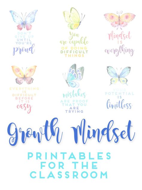 #GrowthMindset Printables for the Classroom, Watercolor butterflies with coordinating ombre typography. Classroom decor; teacher tools. Classroom Decor Butterflies, Butterfly Classroom Ideas, Butterfly Themed Classroom Decor, Classroom Butterfly Decor, Butterfly Classroom Theme Decorations, Butterfly Classroom Decor, Theme Anchor Chart, Butterfly Classroom Theme, Butterfly Printable Template