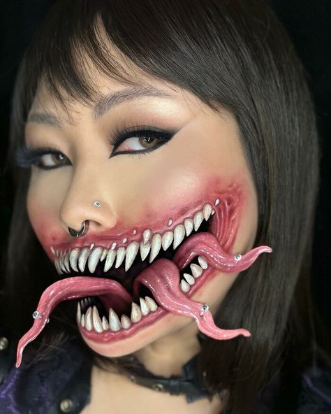 Dark Skin Asian, Asian Features, Goth Trad, Illusion Makeup, Face Illusions, Toothy Grin, Makeup Stand, Optical Illusion Tattoo, Horror Makeup