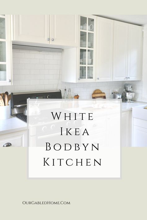 We love our Ikea kitchen with the white Bodbyn fronts.  Check out our total kitchen DIY renovation! #kitchen #Ikea #Bodbyn #kitchenrenovation #kitchenremodel Kitchen Ikea Bodbyn, White Kitchen Ikea, Ikea Kitchen Bobdyn, Bodbyn Ikea Kitchen, Bodbyn Off White Kitchen, Ikea White Kitchen Ideas, Bodbyn Off White Kitchen Ikea, Off White Ikea Kitchen Cabinets, All White Ikea Kitchen