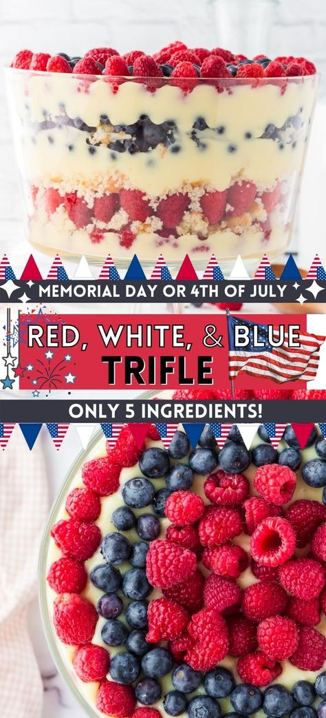 Learn how to make this festive and patriotic dessert that's perfect for Memorial Day or 4th of July celebrations! Red White & Blue Trifle is a simple recipe to make that makes a statement. Only 5 ingredient is all you need to make this layered pudding trifle recipe with fresh berries. Blueberry Trifle, Memorial Day Desserts, Gluten Free Cake Mixes, Berry Trifle, Dessert Oreo, Fluffy Cake, Trifle Dish, Patriotic Desserts, Blue Desserts