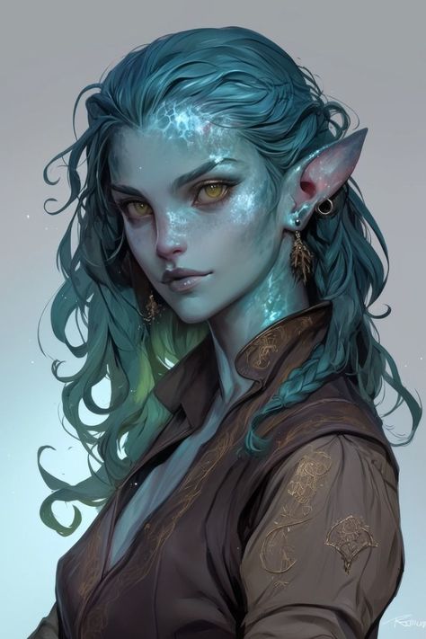 Female Water Genasi, Water Genasi Dnd, Sea Elf Dnd, Water Genasi Female, Sea Elf Female Dnd, Eladrin Dnd, Triton Dnd, Genasi Character Art, Sea Elves