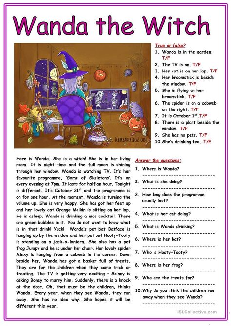 Esl Halloween Worksheets, Reading Halloween Activities, Halloween English Worksheets, Halloween Exercises, Halloween English Activities, Witch Worksheets, Halloween Reading Activities, Halloween Esl, Halloween Worksheets For Kids