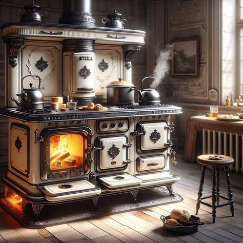 Old Cabin Interior, Antique Kitchen Stoves, Antique Wood Stove, Shed Tiny Home, Old Stove, Wood Stove Cooking, Wood Stove Fireplace, Vintage Stoves, Antique Stove