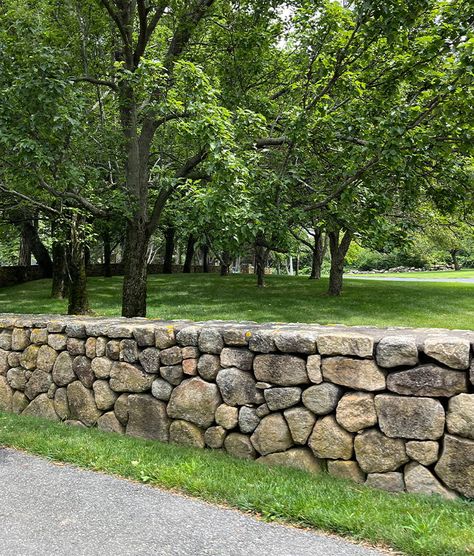 Connecticut CT Dark Fieldstone Wall Stone Wallstone Field Stone Wall Garden, Fieldstone Wall, Field Stone Wall, Rock Foundation, Stone Walls Garden, Pond House, Front Yards Curb Appeal, Sand And Gravel, Backyard Remodel