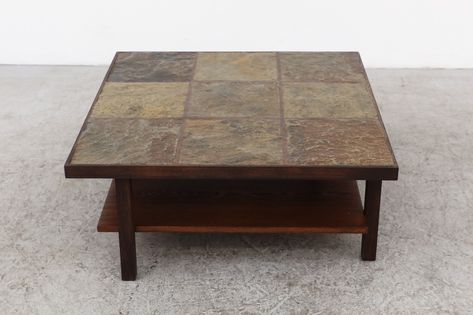 Mid-Century Modern Brutalist Stone Topped Coffee or Side Table - Amsterdam Modern Side Table With Shelf, Cane Shelf, Slate Tiles, Back Painted Glass, Coffee Table With Shelf, Coffee Table Rectangle, Glass Top Coffee Table, Table Shelves, Slate Tile