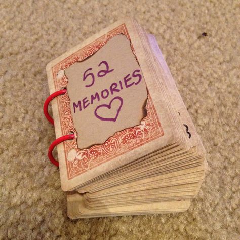 I tweaked the "52 things I love about you" project. Turned it into a 52 memories book for our 2 and a half year anniversary :) Half Year Anniversary, Cute Anniversary Ideas, Playing Card Crafts, Memory Diy, Homemade Gifts For Boyfriend, Cute Anniversary Gifts, Memories Book, Diy Anniversary Gift, Homemade Ideas