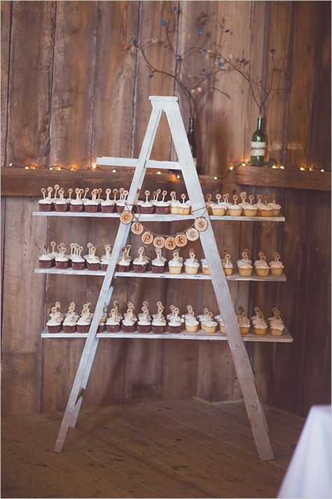 ladder cupcake display    we ❤ this!  moncheribridals.com   #weddingdesserts #weddingcupcakedisplay Cupcake Ladder, Rustic Wedding Desserts, Ladder Wedding, Wedding Cupcake Display, Cupcake Display, Wedding Dessert Table, Wedding Dessert, Wooden Ladder, Dessert Display