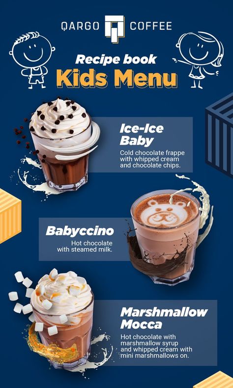 Kid Drinks Recipes, Bookshelf With Doors, Drinks For Kids, Pastries Desserts, Lavazza Coffee, Iced Drinks Recipes, Coffee Shop Menu, Cold Coffee Recipes, Homemade Cookbook