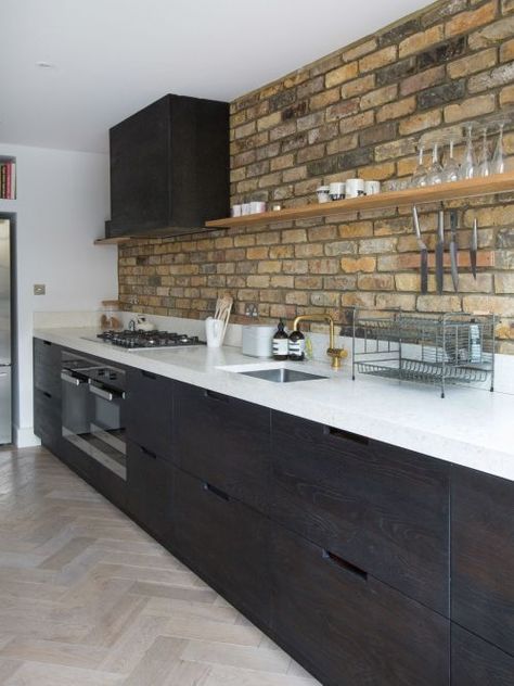 Dark Wooden Floor Kitchen, Wooden Floor Kitchen Ideas, L Kitchen Ideas, Wooden Floor Kitchen, Long Galley Kitchen, Floor Kitchen Ideas, White Galley Kitchens, Small Galley Kitchen Designs, Herringbone Wooden Floors