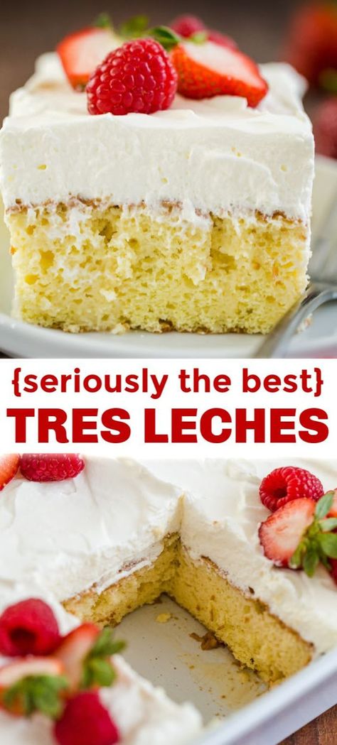 Tres Leches Cake has a soft and ultra-moist crumb. This authentic Tres Leches Cake recipe is soaked with a 3 milk mixture and topped with whipped cream. #tresleches #treslechescake #treslechescakerecipe #mexicancake #cake #cakerecipe #moistcake #natashaskitchen Tres Leches Cake Recipe Authentic, Chocolate Tres Leches Cake, Easy Layer Cake, Mexican Cake, Tres Leches Cake Recipe, Key Lime Cheesecake, Fruit Salad Easy, Sweetened Whipped Cream, Tres Leches Cake