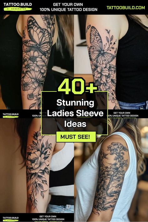 Elegant Ladies Sleeve Tattoo Ideas Gallery at Tattoo Build Female Tattoo Sleeve Classy, Full Sleeve Nature Tattoos Women, Tattoo Arm Sleeves For Women, Outdoor Sleeve Tattoos For Women, Top Arm Sleeve Tattoo Women, Tattoo Full Sleeve Women, Simple Arm Sleeve Tattoos For Women, Female Bicep Tattoo, Simple Sleeve Tattoo Women