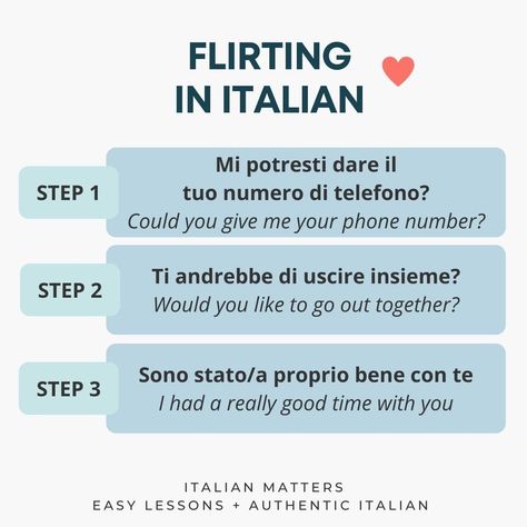 Learn Italian Lessons Quizzes on Instagram: “Three steps to flirting in Italian! ❤️ #bilingual #italianwords #italianvocabulary #italianidiom #italiangrammar #easyitalian…” Italian Flirting Phrases, Flirting In Italian, Flirt In Italian, Italian Grammar, Italian Vocabulary, Italian Lessons, Italian Language Learning, Learn Italian, Italian Phrases