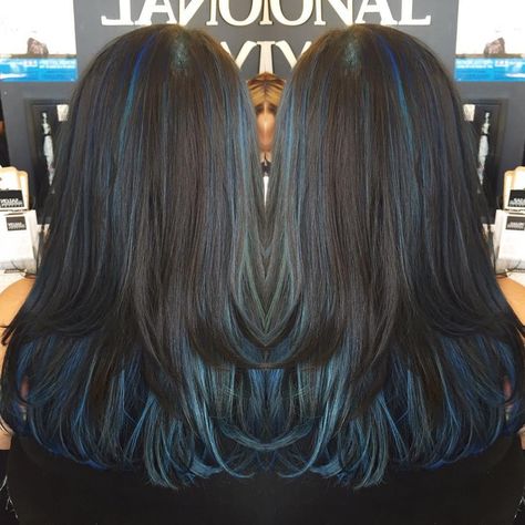 Dark Hair With Blue, Balayage Blue, Hair With Blue Highlights, Highlights In Brown Hair, Blue Brown Hair, Brown Ombre Hair Color, Blue Hair Highlights, Dark Blonde Hair Color, Dark Blue Hair