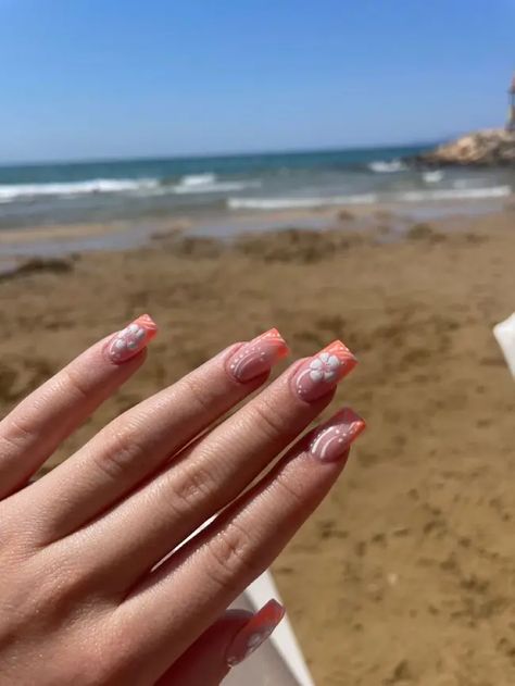 40 Stunning Beach Nails Vacation Ideas You'll Love French Tip Acrylic Nails Coffin With Flowers, Hibiscus Nails Design, Soring Nails, Nails With Hibiscus Flower, Square Acrylic Nails Pink, Beach Nails Vacation, Aesthetic January, Hibiscus Flower Nails, Hawaiian Nails