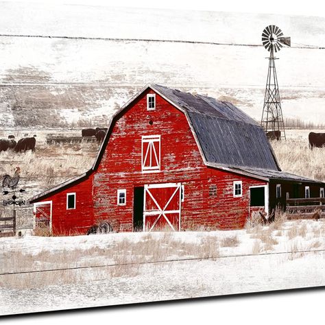 Red Barn Wall Art Rustic Farmhouse Barn Wall Decor, Windmill Country Yak Old Barn Canvas Picture Framed Artwork Wood Texture Print Painting Decoration for Home Living Room Bedroom Ready to Hang 16x24 Red Barn Painting, Windmill Landscaping, Artwork Wood, Windmill Wall Decor, Farmhouse Pictures, Barn Wall Art, Barn Pictures, 2024 Art, Highland Cow Canvas