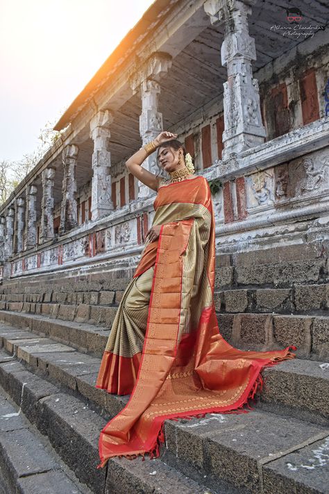 Kanjivaram Saree Photography on Behance Traditional Saree Photoshoot Poses In Temple, Saree Shoot Photography Outdoor, Temple Saree Photoshoot, Saree Poses In Temple, Temple Photoshoot Women, Traditional Saree Photoshoot, Aesthetic Saree Photography, Traditional Photoshoot Ideas, Bold Saree Photoshoot