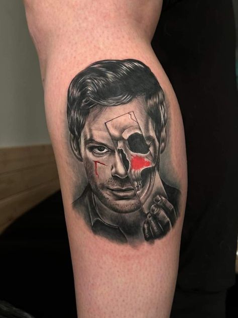 "Blood. Sometimes it sets my teeth on edge; other times it helps me control the chaos.” Artist: Benrhys at Blvck Sheep Studios. Dexter Tattoo Ideas, Dexter Tattoo, Morgan Tattoo, Dexter Morgan, Classic Horror Movies, Movie Monsters, Classic Horror, Tattoo Inspo, The Chaos