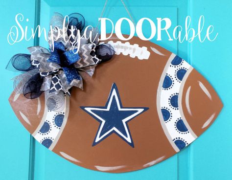 Dallas Cowboys Football Wood Door Hanger by by SimplyaDOORableNC Dallas Cowboys Wreath, Cowboy Football, Football Wreaths, Cowboys Wreath, Football Door Hangers, Dallas Cowboys Decor, Cowboy Crafts, Trendy Door, Football Crafts