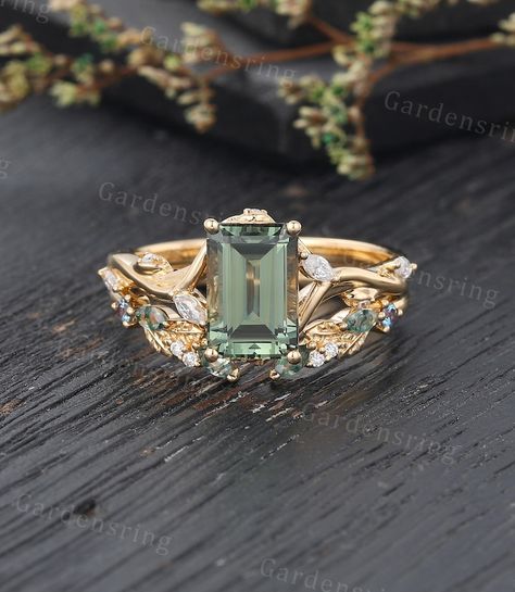 Emerald Cut Green Sapphire Engagement Ring Set 14k Gold Vintage Moss Agate Wedding Band Marquise Cut Diamond Bridal Promise Anniversary Ring - Etsy Moss Agate Wedding Band, Wedding Band Marquise, Sapphire Engagement Ring Set, Agate Wedding, Green Sapphire Engagement, Green Sapphire Engagement Ring, Marquise Cut Diamond, Sapphire Engagement Ring, Green Sapphire