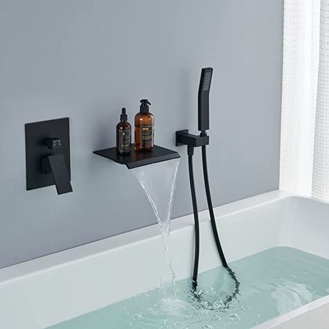 Jabbol Waterfall Tub Faucet Wall Mount Roman Tub Filler Black Single Handle Brass Bathroom Bathtub Faucet with Hand Shower - - AmazonSmile Tub Faucet Wall Mount, Waterfall Tub Faucet, Deep Bathtub, Bathtub Spout, Wall Mount Tub Faucet, Drop In Tub, Bathroom Faucets Waterfall, Bathroom Bathtub, Shower Faucet Sets