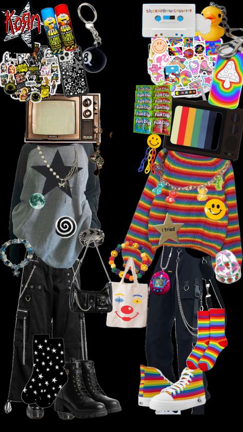 🩶❤️✨☁️⚫️ Kid Core Outfits, Weirdcore Outfits, Summer Goth Outfits, Indie Outfit Inspo, Kawaii Outfit Ideas, Silly Clothes, Weirdcore Aesthetic, Scene Outfits, Funky Outfits