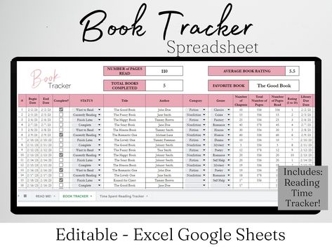 Book Tracker Journal, Book Tracker Excel, Rea Excel Tracker Templates, Tbr List Template Excel, Reading Spreadsheet, Book Tracker Journal, Excel Tracker, Digital Book Tracker, Journal Book Tracker, Excel Spreadsheets Templates, Reading Planner