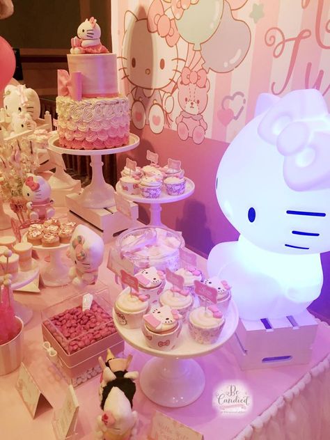 Candy Quinceanera Theme, Hello Kitty Kawaii Birthday Party, Hello Kitty Party Table Ideas, Quince Hello Kitty Theme, Birthday Theme Hello Kity, Hello Kitty Birthday Party Ideas Decoration Pastel Pink, Sanrio Birthday Party Ideas Aesthetic, Sanrio Birthday Party Aesthetic, Sanrio Themed Party Aesthetic